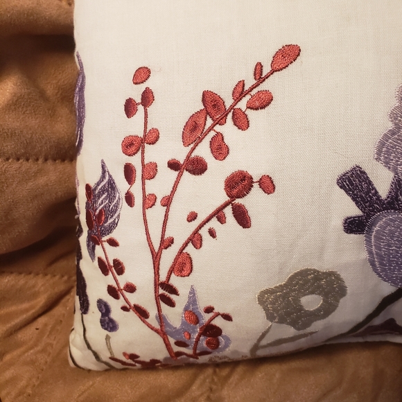 Embroidered Floral Rectangular Pillow Off White Rust Lavender Gray - Picture 3 of 5